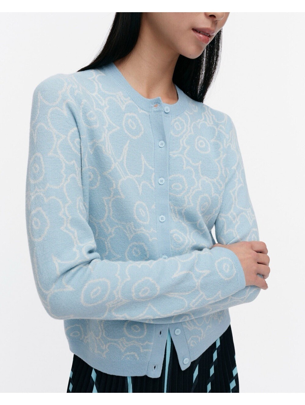 Marimekko Mutka Mini Piirto Unikko Knitted Cardigan 98% Wool Baby Blue Size S